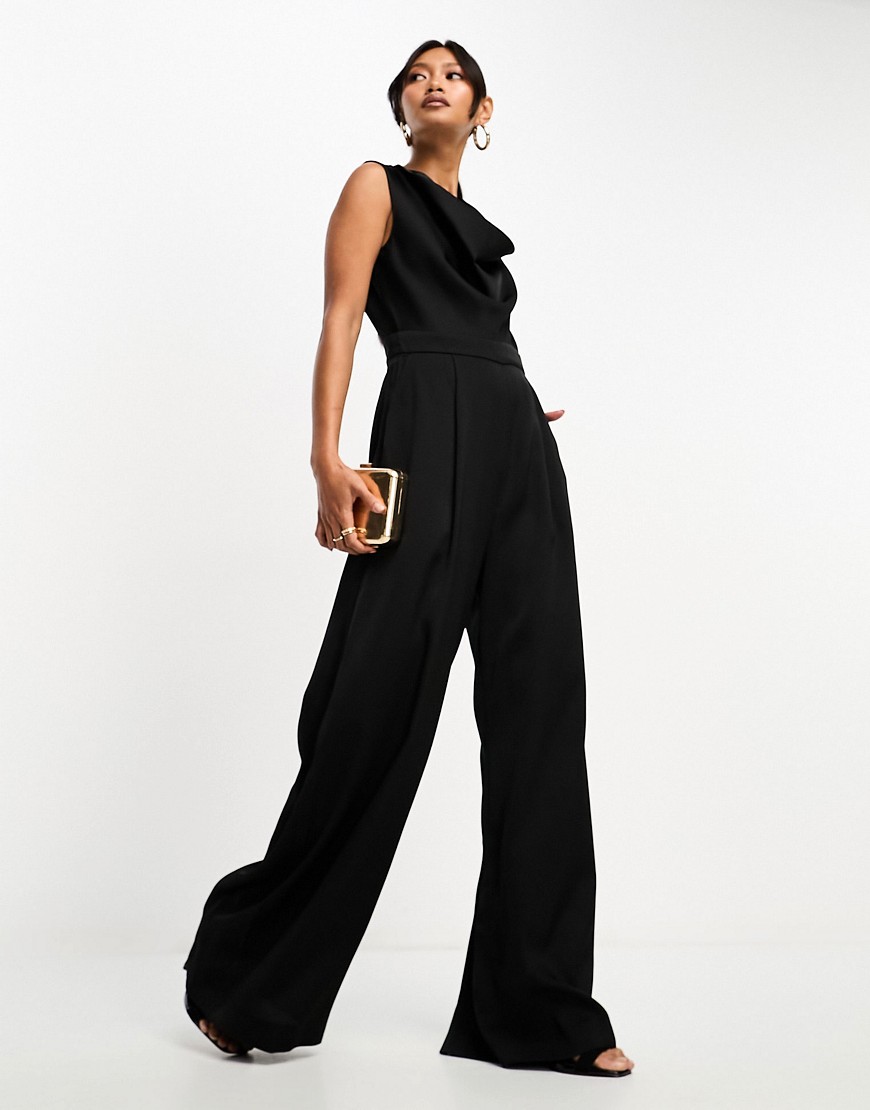 French Connection satin cowl neck jumpsuit in black
