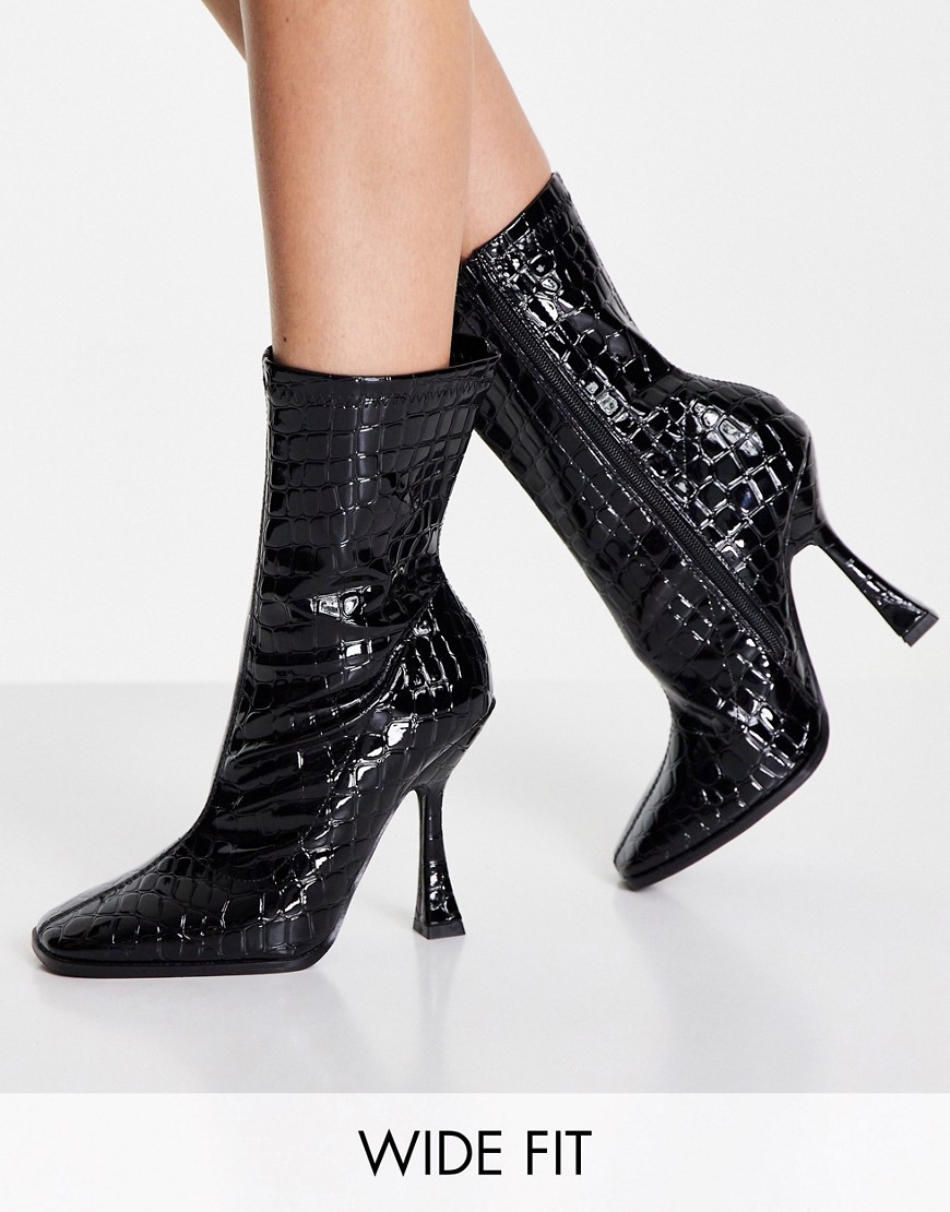 Glamorous Wide Fit flare heel boot in black patent
