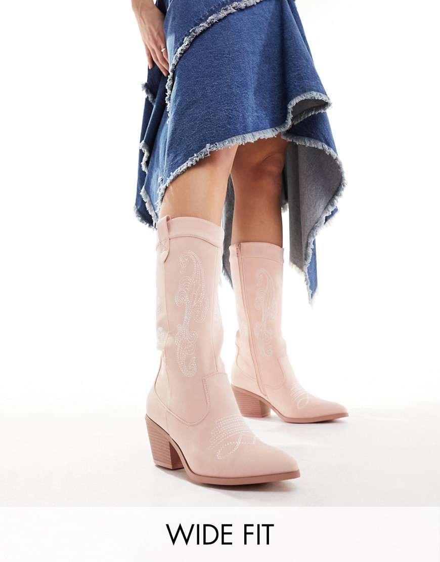 Glamorous Wide Fit western knee boots in pink micro