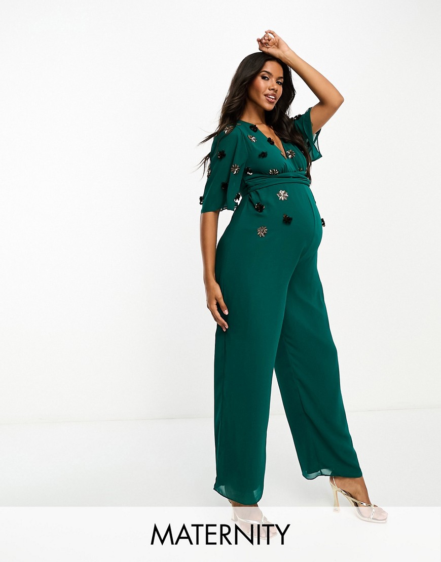 Hope & Ivy Maternity jumpsuit with embellishment in emerald