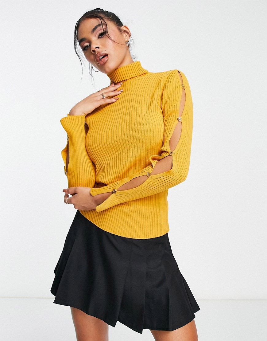 I Saw It First roll neck sweater with cut-out sleeves in mustard