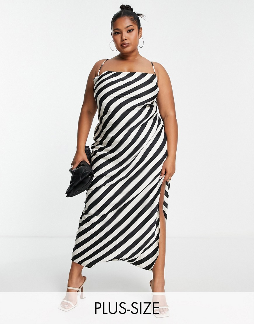 In The Style Plus satin side split maxi dress with lace up back detail in monochrome stripe