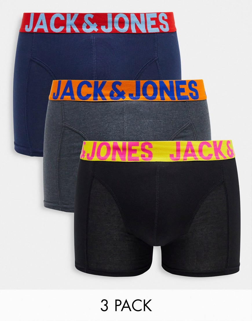 Jack & Jones 3 pack trunks with contrast color waist band
