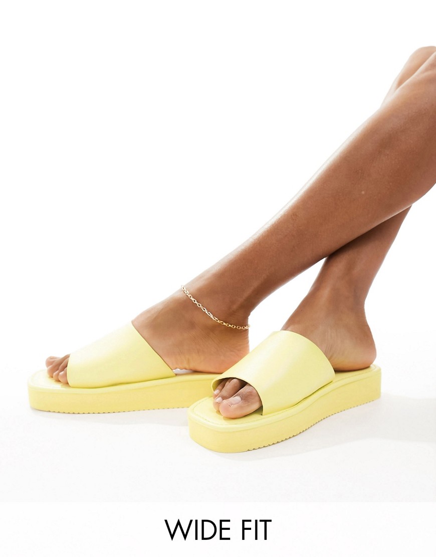 London Rebel Leather Wide Fit London Rebel wide fit flatform nineties sandals with square toe in yellow