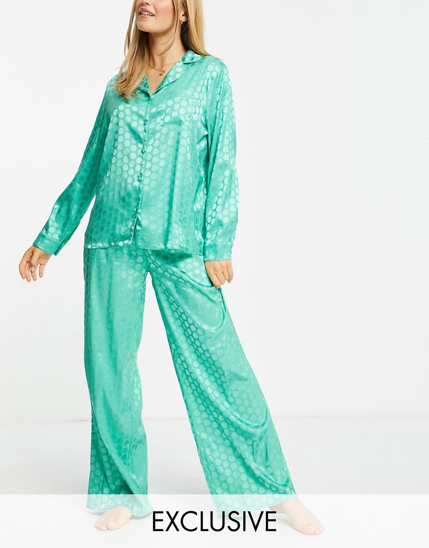 Loungeable Exclusive satin jacquard spot pajama set in teal
