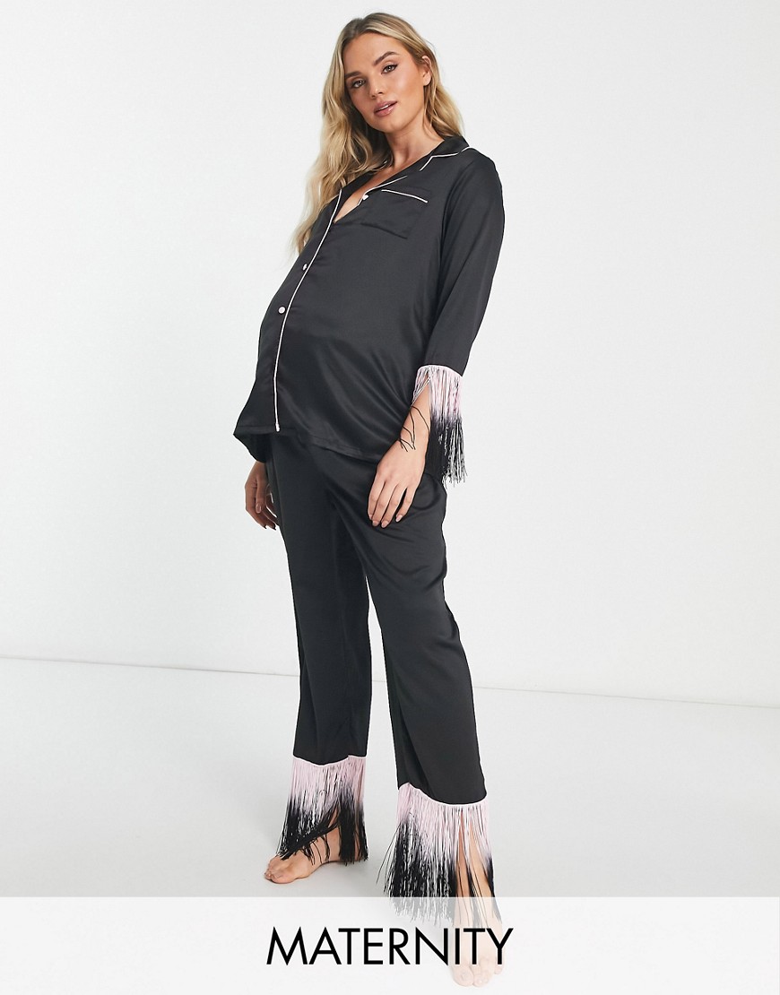 Loungeable Maternity fringed long button through pajama set in black and pink