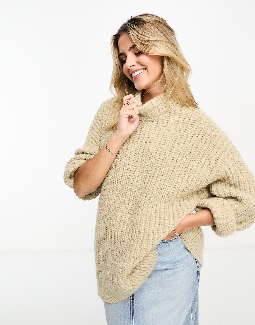 Monki high neck chunky rib knitted sweater with volume sleeve in beige