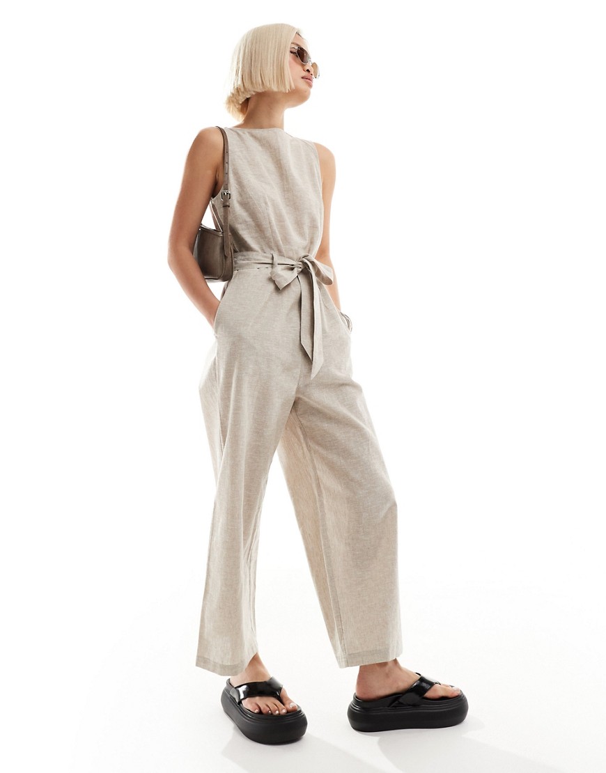 Monki linen mix sleeveless jumpsuit with tie belt detail in beige