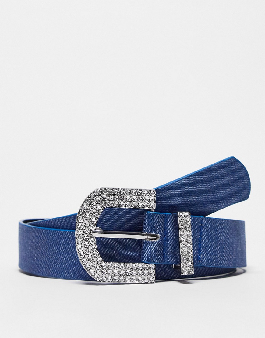 My Accessories London belt in denim with oversized crystal buckle