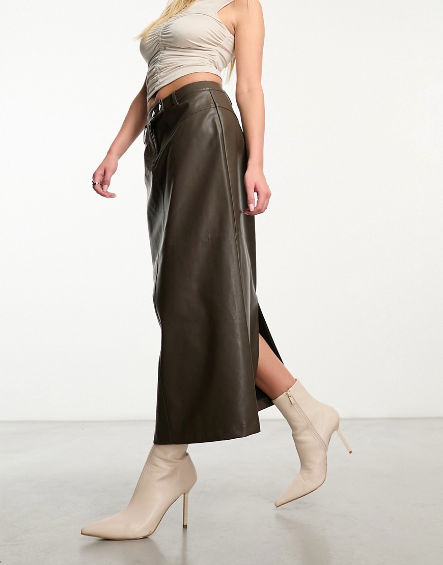 NA-KD faux leather midi skirt in dark olive