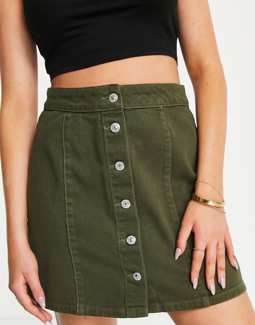 New Look A-line denim button front mini skirt in khaki