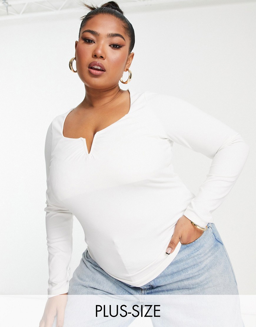 New Look Plus New Look Curve notch neck long sleeve top in white