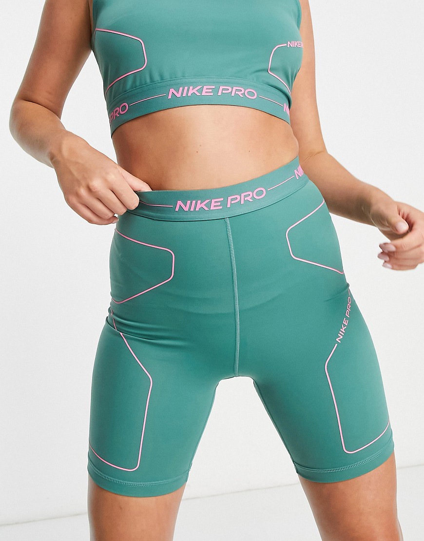 Nike Training Nike Pro Training Dri-FIT Combat Gear high-waisted legging shorts in green and pink