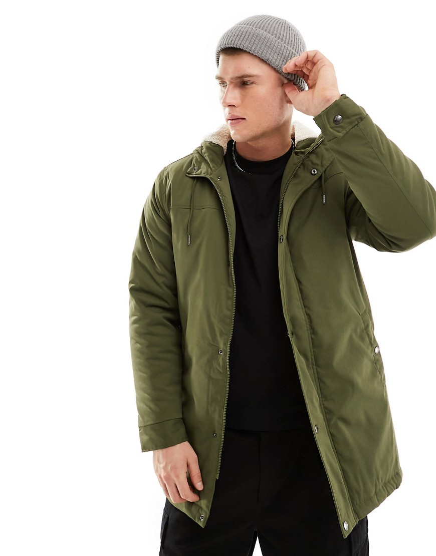 Only & Sons parka with borg lined hood in khaki