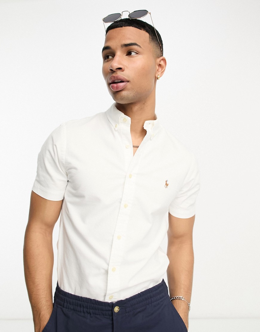 Polo Ralph Lauren icon logo short sleeve slim fit oxford shirt in white