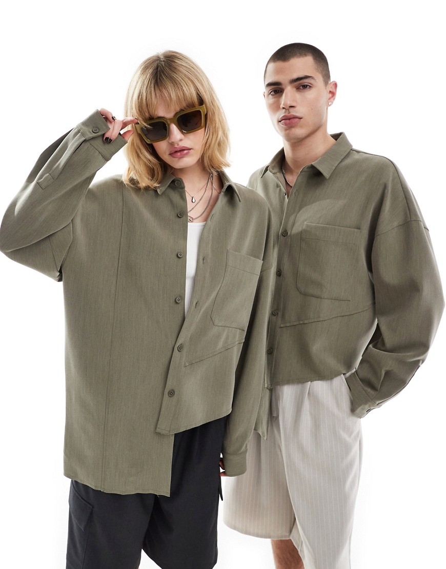 Reclaimed Vintage asymmetric genderless shirt with seam detailing in olive green - part of a set