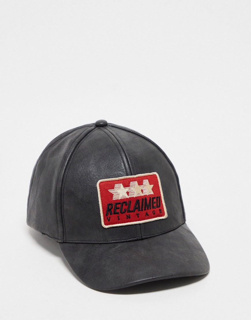 Reclaimed Vintage unisex faux leather motocross logo cap in black