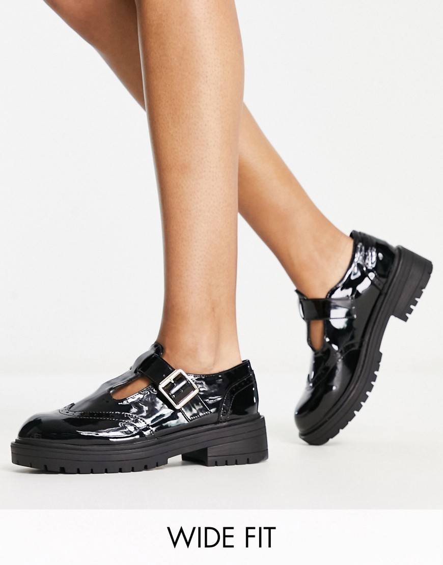 schuh Wide Fit Luca t-bar chunky shoes in black patent