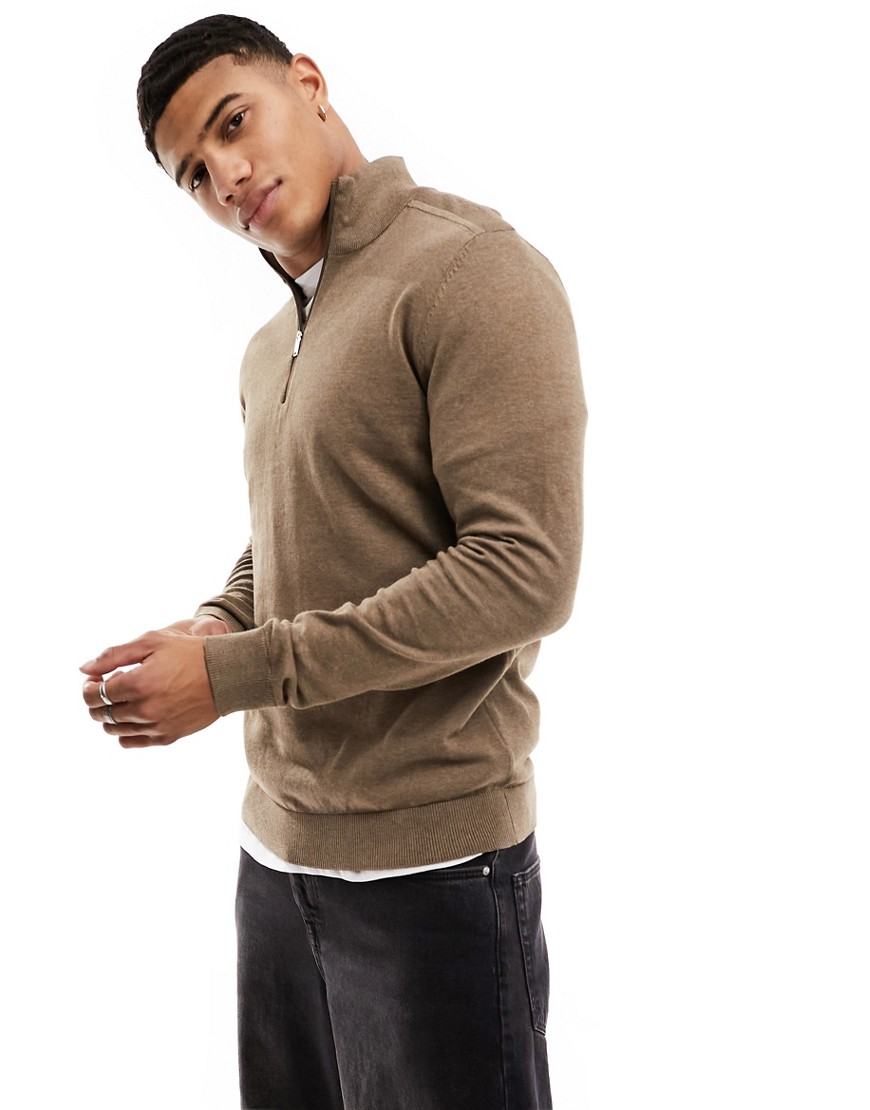 Selected Homme half zip high neck knit sweater in brown