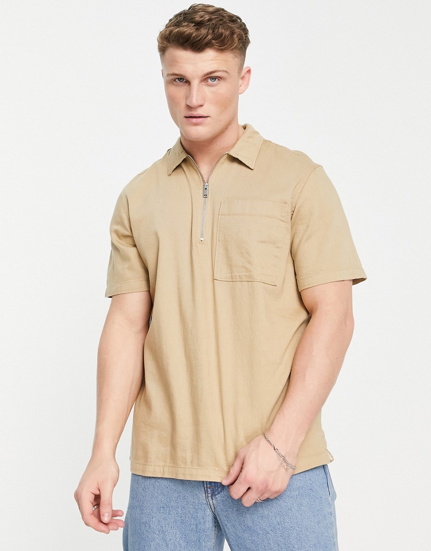 Selected Homme short sleeve half zip shirt in sand