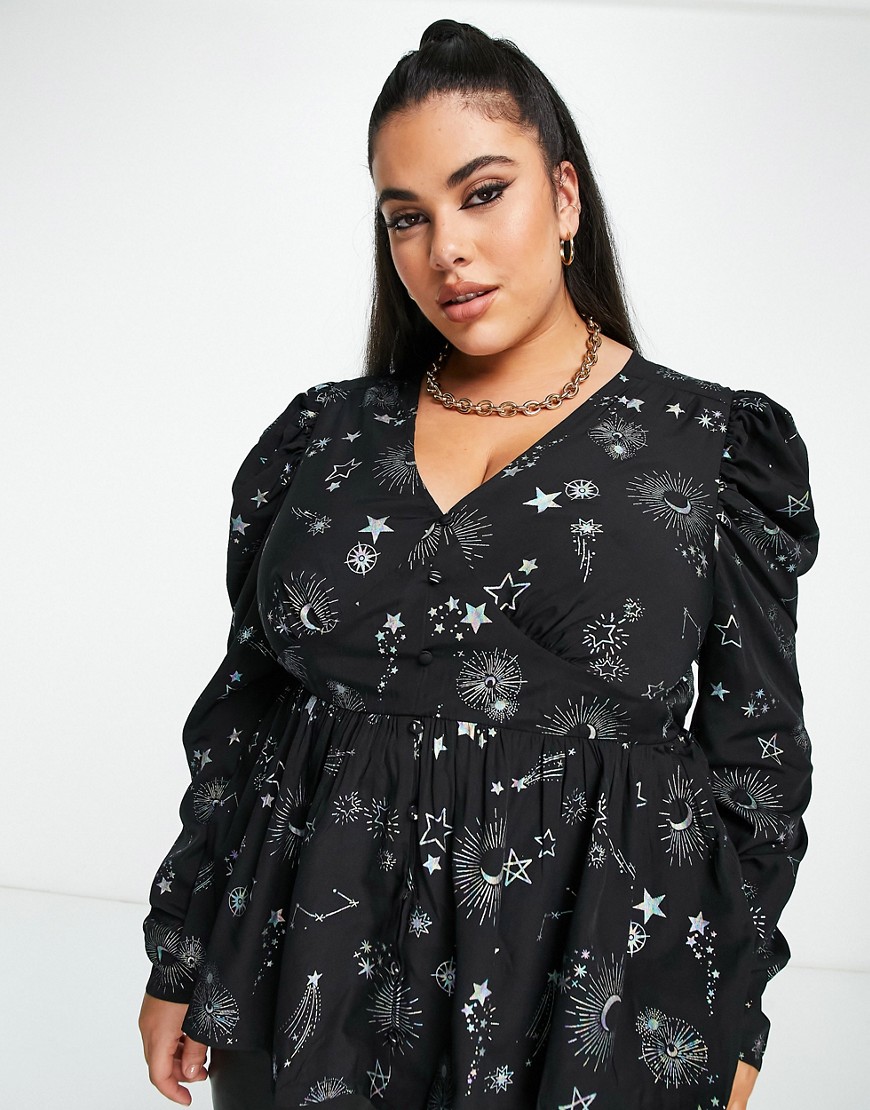 Simply Be button up peplum blouse in black celestial print