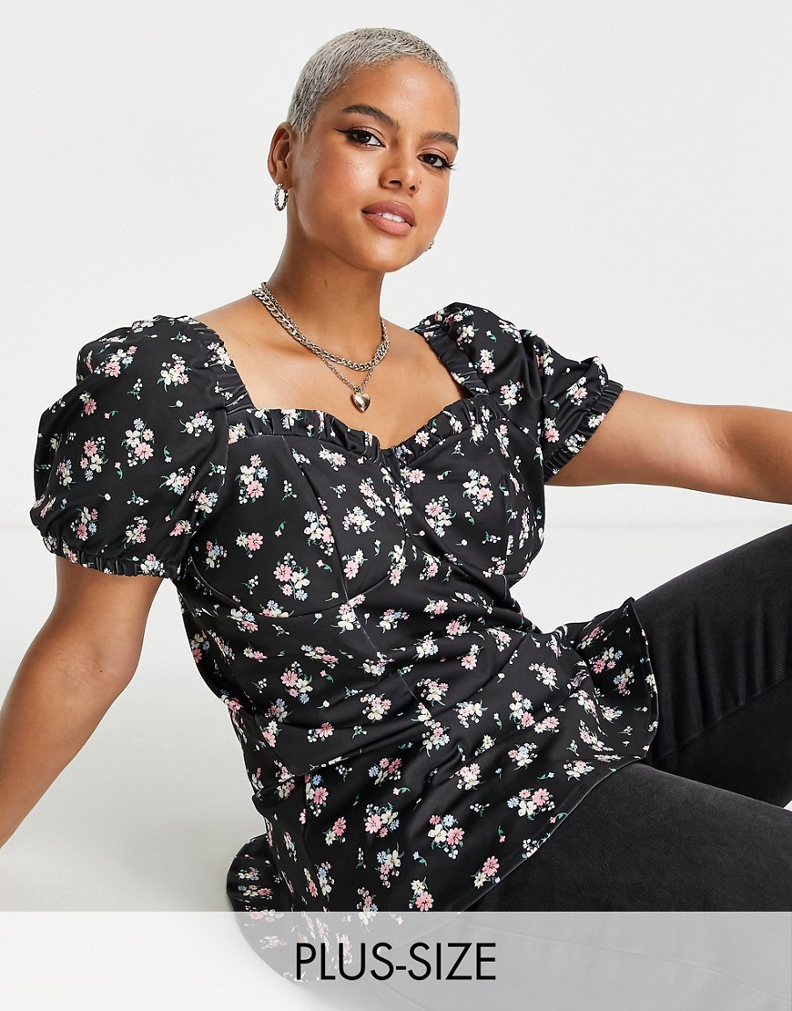 Simply Be ruffle hem corset sweetheart neck floral top in black