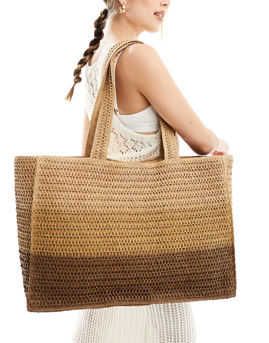 South Beach ombre woven large shoulder tote bag in brown