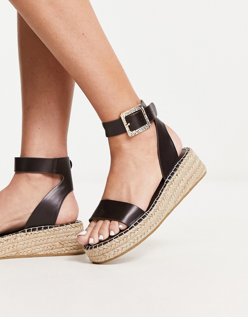 South Beach PU two part espadrille sandals with textured buckle in chocolate