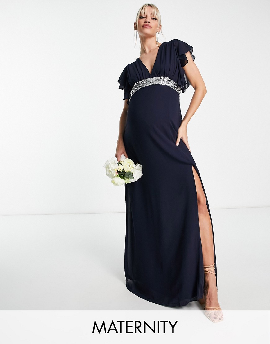 TFNC Maternity Bridesmaid chiffon maxi dress with flutter sleeve and embellished waist in navy