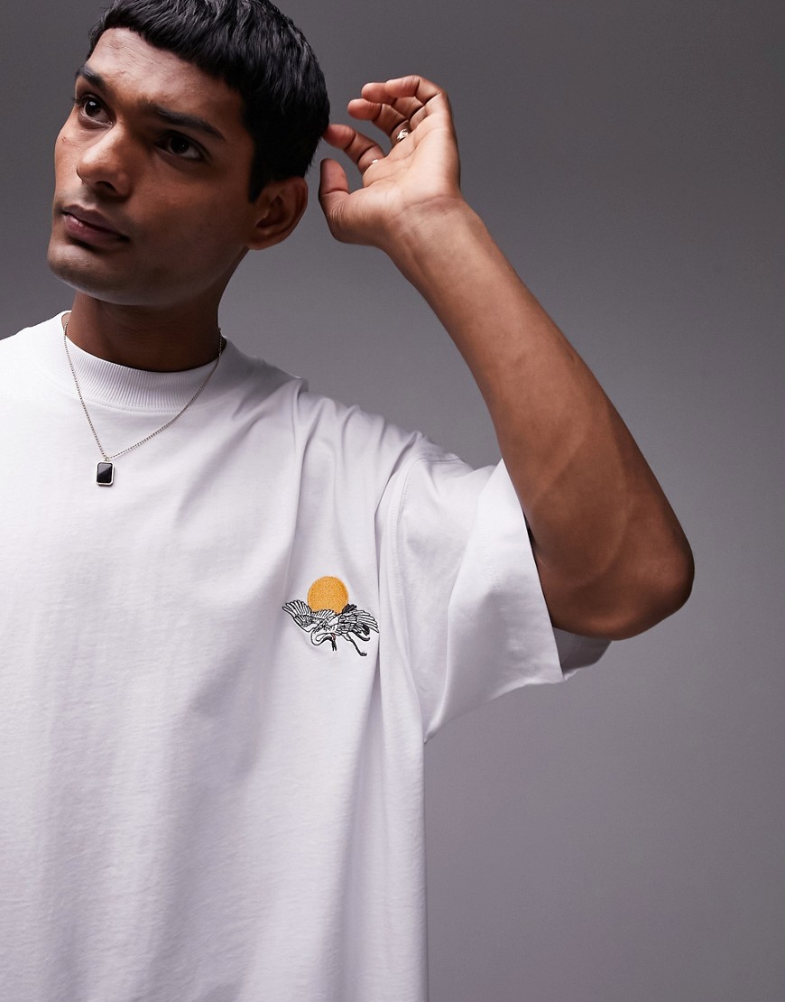 Topman extreme oversized fit T-shirt with crane tattoo embroidery in white