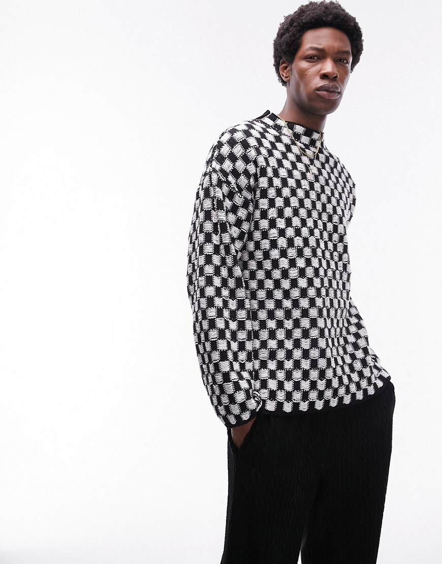 Topman heavyweight checkerboard sweater in black & white