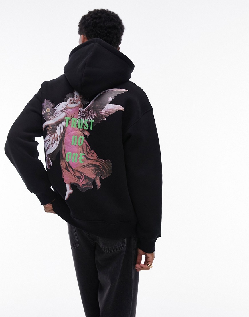 Topman oversized fit hoodie with front and back angel print in black
