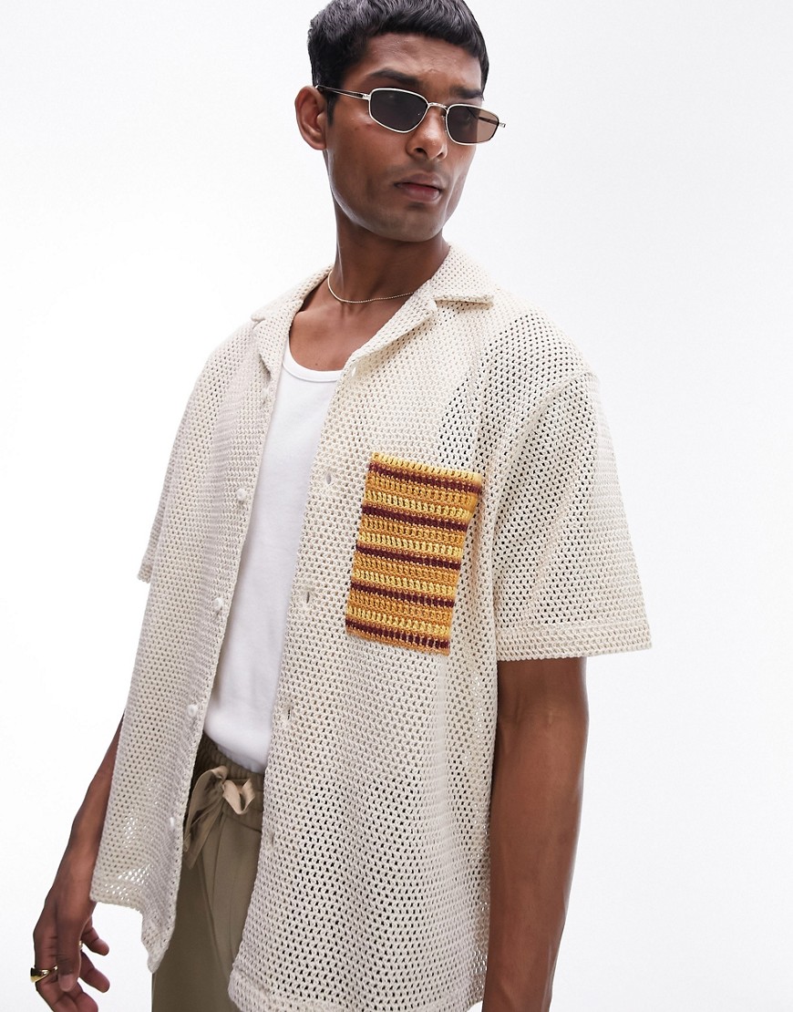 Topman short sleeve crochet pocket shirt in stone