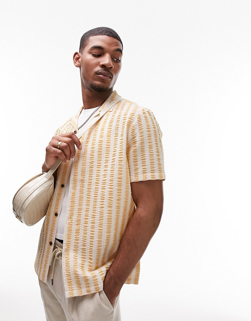 Topman short sleeve regular revere textured stripe shirt in yellow