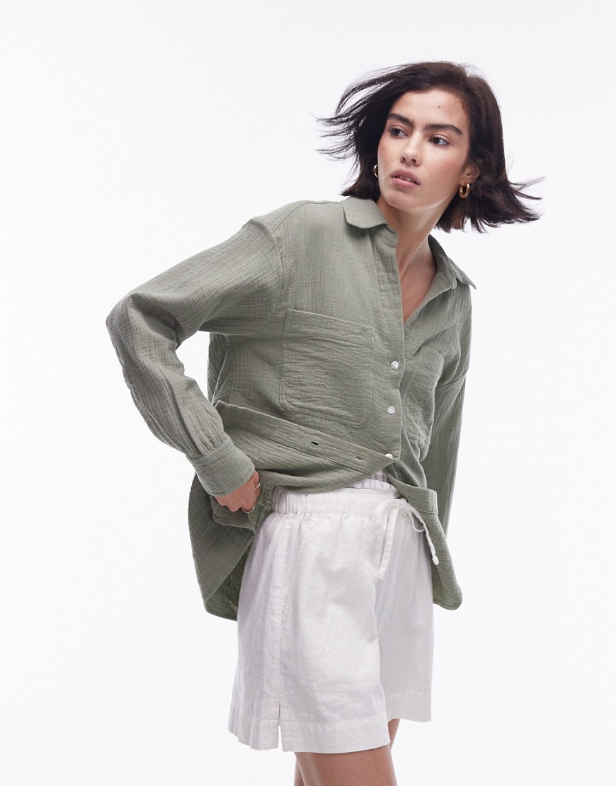 Topshop cotton casual shirt in khaki