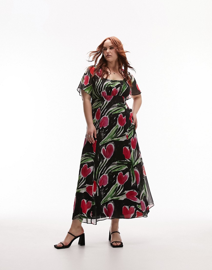Topshop Curve printed floral midi tea dress in red and purple floral