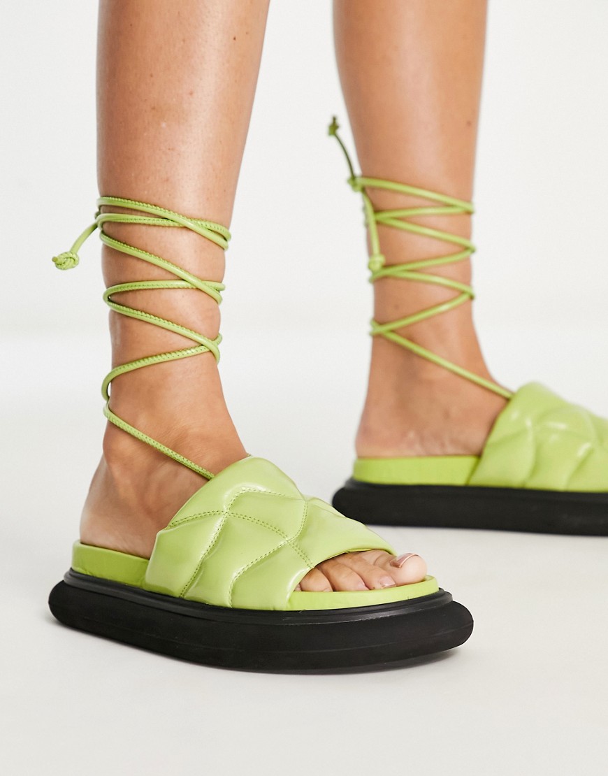Topshop Peach premium leather padded flat sandals with ankle tie in lime