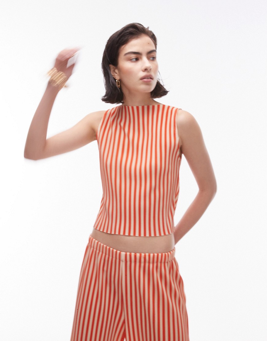 Topshop plisse stripe high neck top and pants set in red