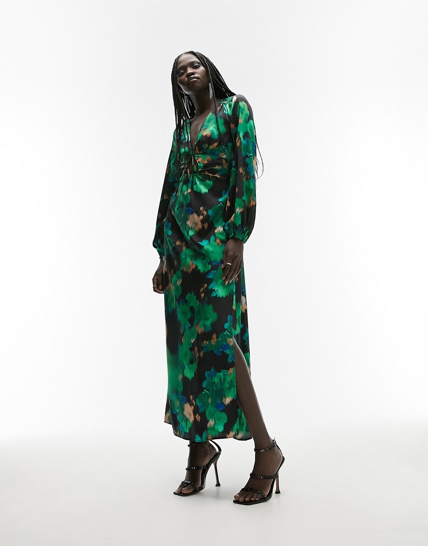 Topshop satin plunge neck dress with tie detail in blurred green floral print