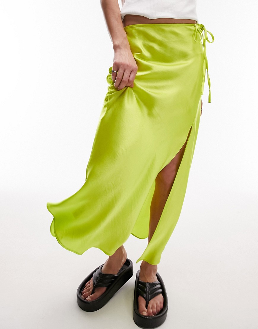 Topshop split tie bias midi skirt in yellow