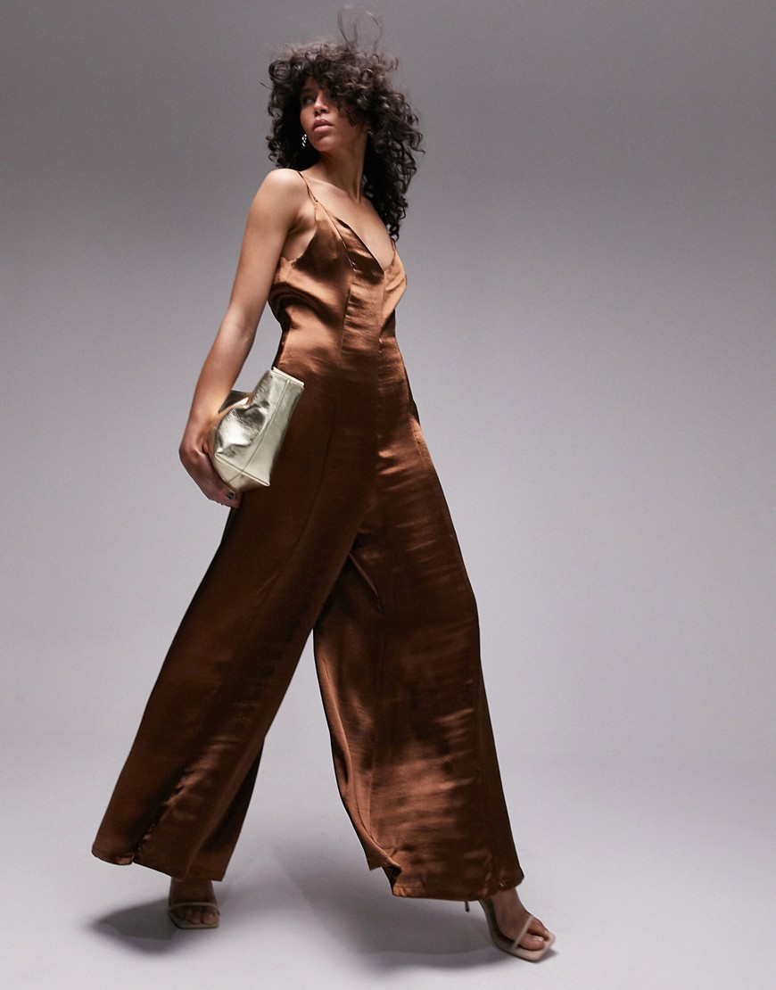 Topshop strappy satin wide leg jumpsuit in chocolate
