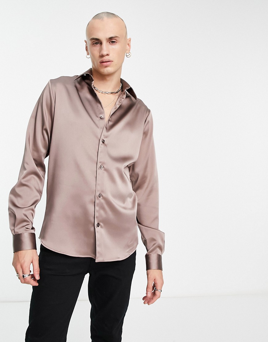 Twisted Tailor slinky slim shirt in champagne