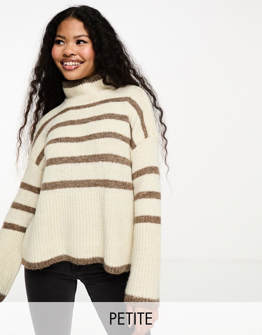 Vero Moda Petite high neck oversized stripe sweater in cream and brown
