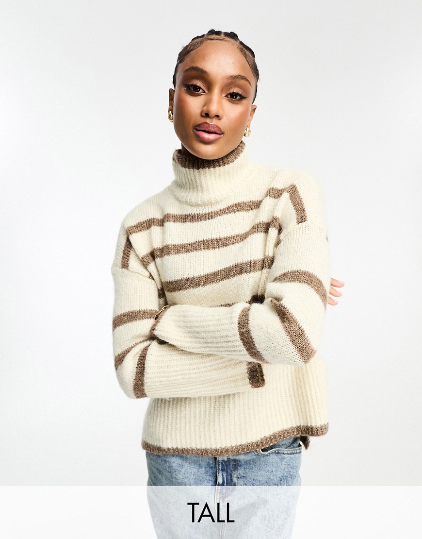 Vero Moda Tall high neck oversized stripe sweater in cream and brown