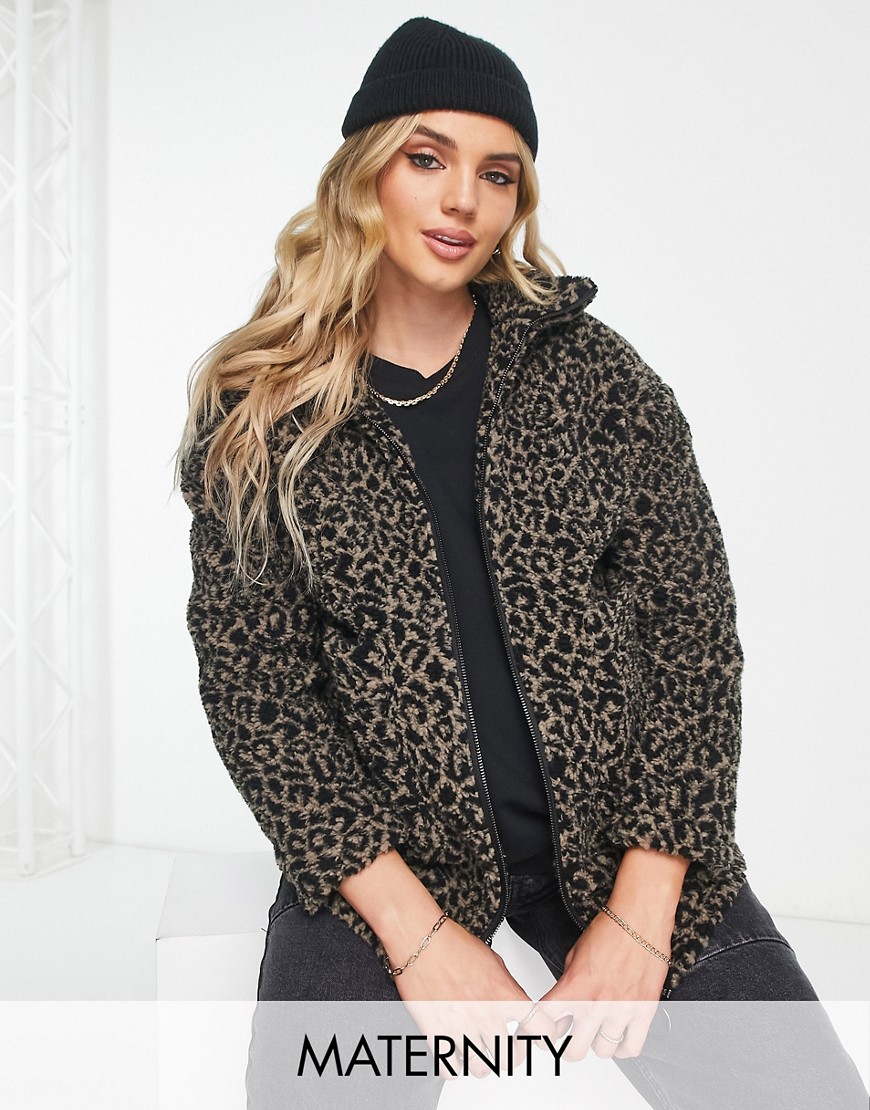 Wednesdays Girl Maternity relaxed zip up borg jacket in leopard