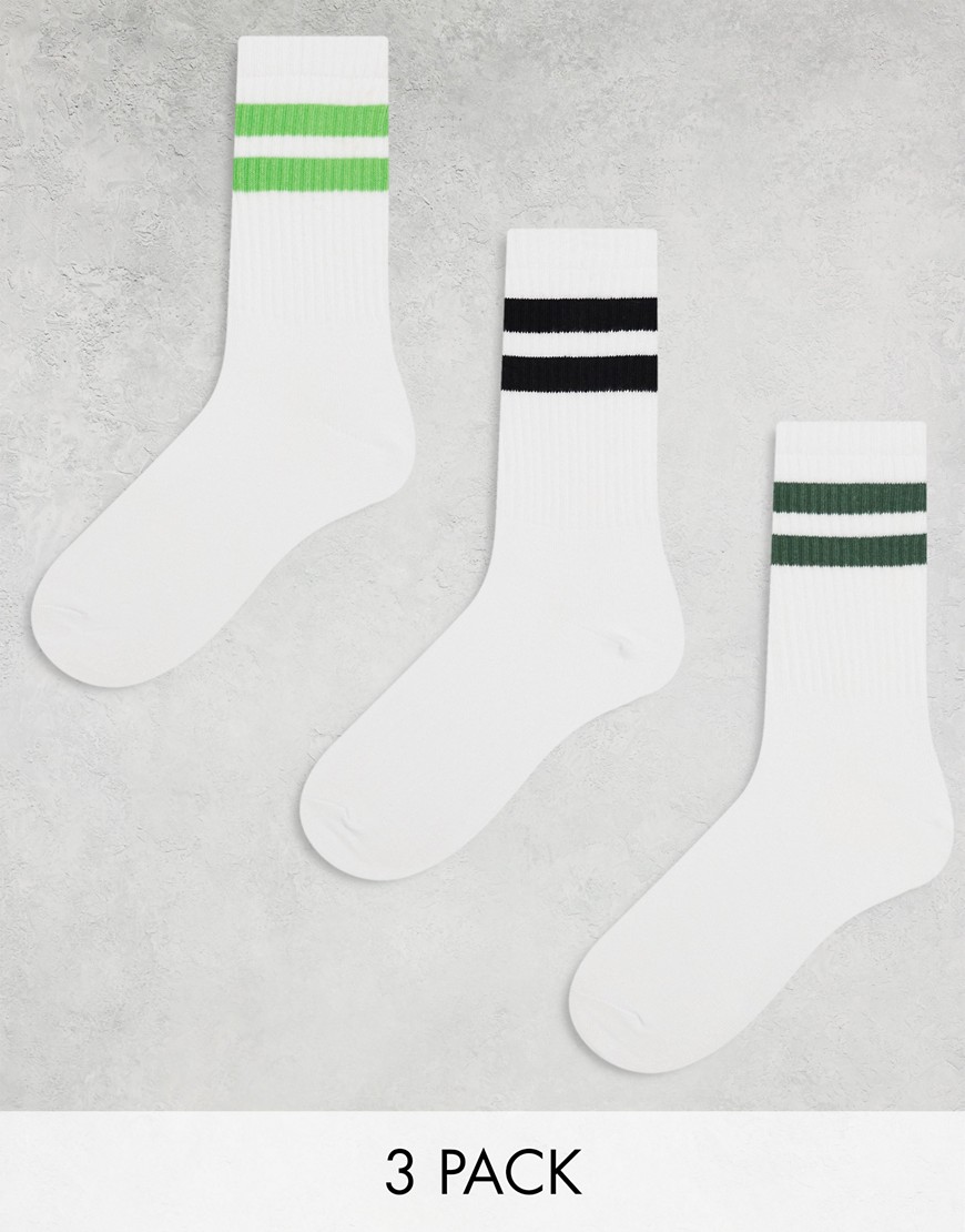 Weekday 3-pack sport socks in white with black and green stripe