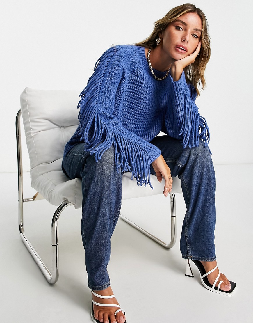 Whistles oversized cable knit sweater with fringe sleeves in bold blue