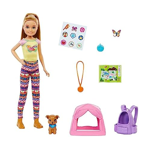 Barbie It Takes Two Camping Playset with Stacie Doll (~9 in), Puppy, Pet Tent, Pet Carrier, Sticker Sheet & Camping Accessories, For 3 to 7 Year Olds