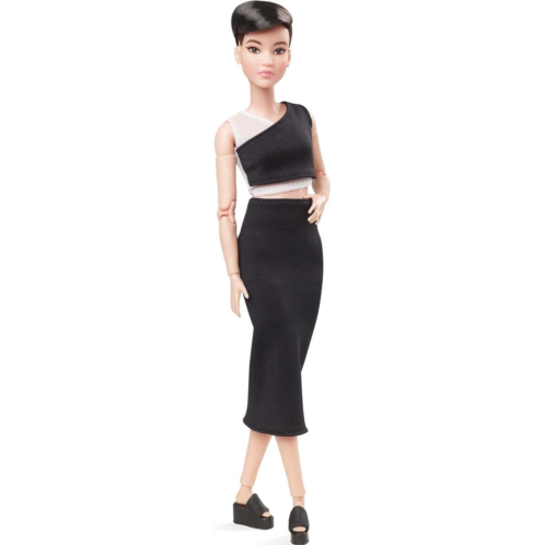 Barbie Signature Looks Doll (Petite, Brunette Pixie Cut) Fully Posable Fashion Doll Wearing Black Midi Skirt for Collectors