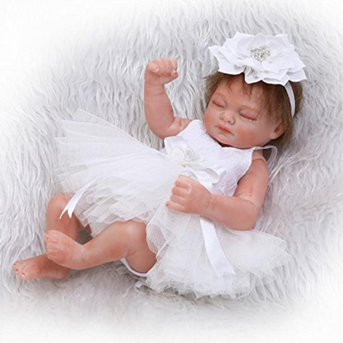 Pinky Reborn 10 Inch 26cm Mini Full Body Reborn Doll Silicone Baby Girl Hard Vinyl Realistic Looking Baby Dolls Kids Xmas Gift (White Dress)